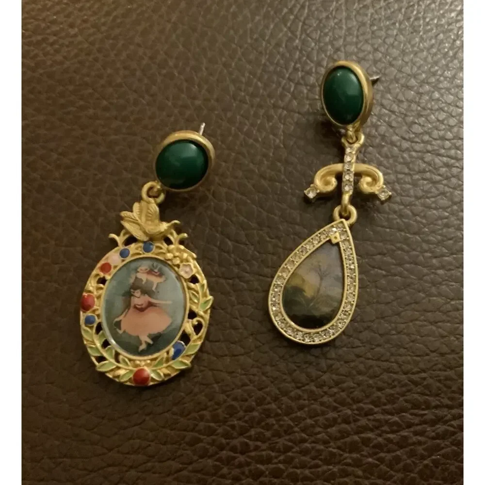 Antique Museum Earrings VTG Mismatch Gold Painting Flower Bird Teardrop Artistic